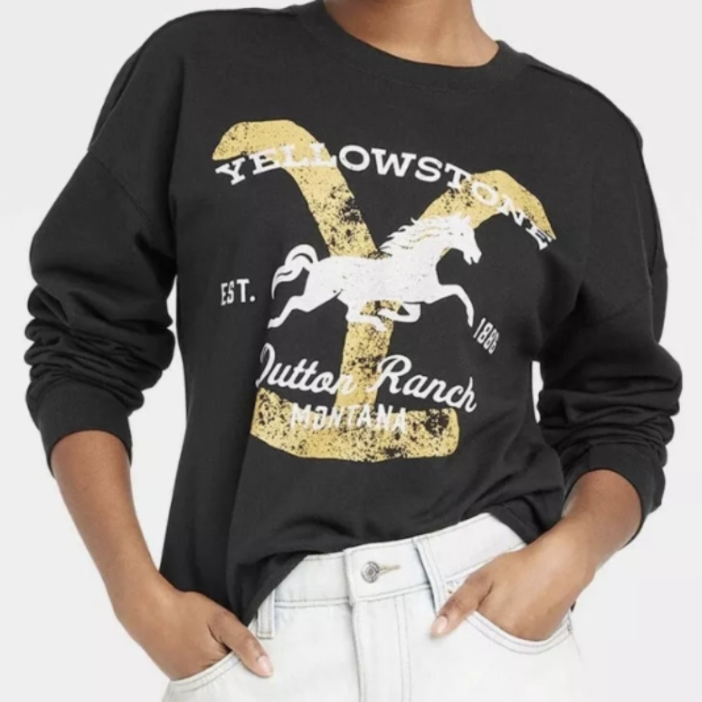 Yellowstone Dutton Ranch Women's Cropped Black Crewneck Sweatshirt‎ Size Small